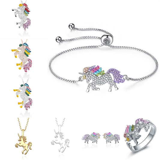 Cute Unicorn Necklace Fashion Cartoon Horse Jewelry Accessories For Girls Children Kids Women Party Animal Pendant Bracelet Set