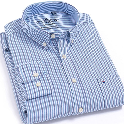 Men's Long Sleeve Oxford Plaid Striped Casual Shirt Front Patch Chest Pocket Regular-fit Button-down Collar Thick Work Shirts