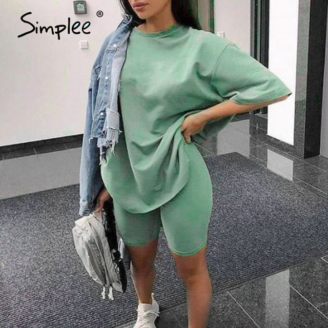 Simplee Casual Solid Outfits Women's Two Piece Suit with Belt Home Loose Sports Tracksuits Fashion Bicycle Summer Hot Suit 2020