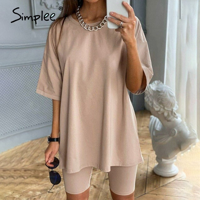 Simplee Casual Solid Outfits Women's Two Piece Suit with Belt Home Loose Sports Tracksuits Fashion Bicycle Summer Hot Suit 2020