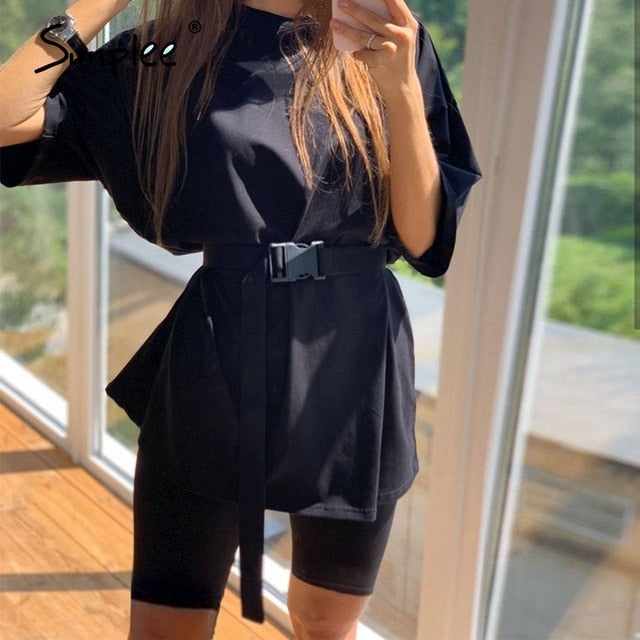 Simplee Casual Solid Outfits Women's Two Piece Suit with Belt Home Loose Sports Tracksuits Fashion Bicycle Summer Hot Suit 2020