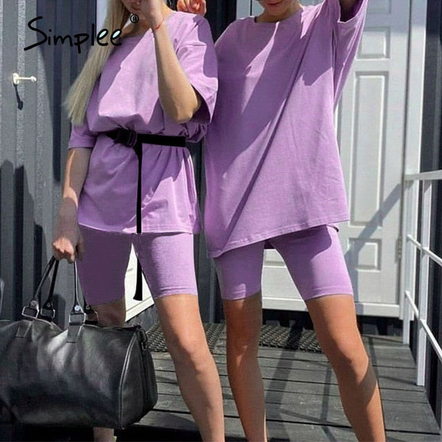 Simplee Casual Solid Outfits Women's Two Piece Suit with Belt Home Loose Sports Tracksuits Fashion Bicycle Summer Hot Suit 2020