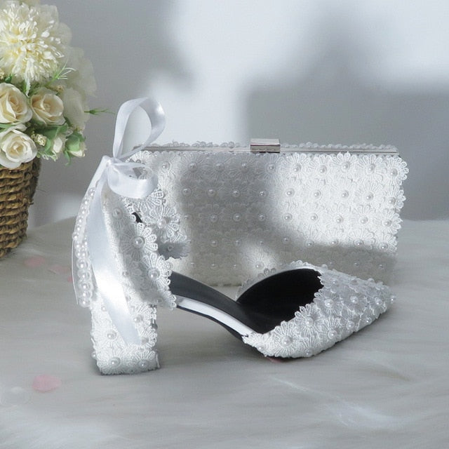 White Lace Flower wedding shoes with matching bags High heels Pointed Toe Ankle Strap Ladies Party shoe bag set Royal Blue Shoe
