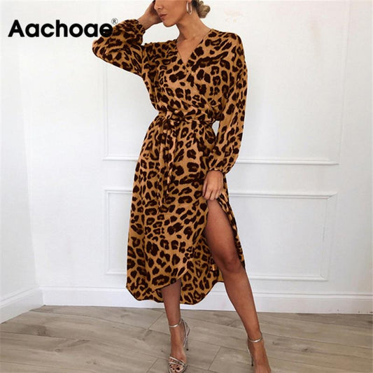 Aachoae Leopard Dress 2020 Women Vintage Long Beach Dress Loose Long Sleeve V-neck A-line Sexy Party Dress Vestidos de fiesta
