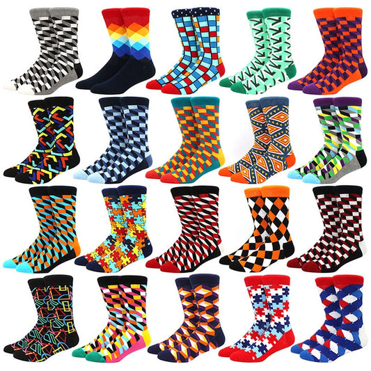 Men's Funny Happy Socks Fine Paragraph Diamond Pattern Argyle Three-dimensional Tube Geometric Funny Large size Combed Cotton
