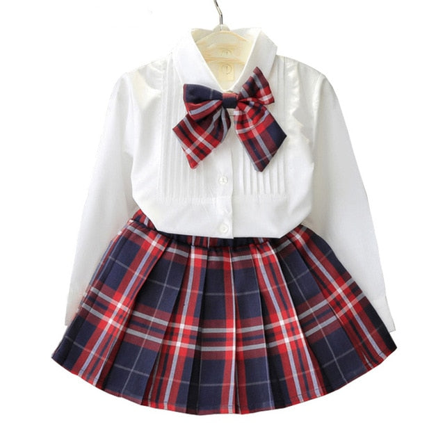Humor Bear Autumn Kids Baby Girl Clothes Long Sleeve T-shirt+Grid Skirt +bowknot Casual suits Student Girls' Clothing Sets