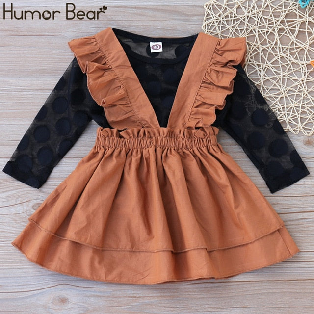 Humor Bear Autumn Kids Baby Girl Clothes Long Sleeve T-shirt+Grid Skirt +bowknot Casual suits Student Girls' Clothing Sets