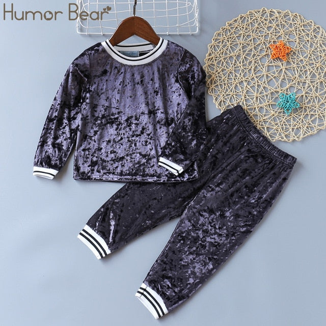 Humor Bear Autumn Kids Baby Girl Clothes Long Sleeve T-shirt+Grid Skirt +bowknot Casual suits Student Girls' Clothing Sets