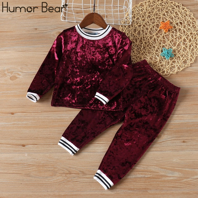 Humor Bear Autumn Kids Baby Girl Clothes Long Sleeve T-shirt+Grid Skirt +bowknot Casual suits Student Girls' Clothing Sets