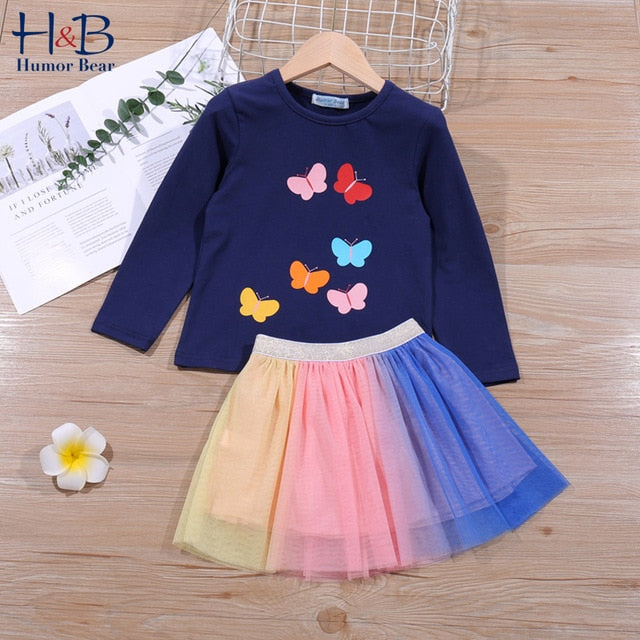 Humor Bear Autumn Kids Baby Girl Clothes Long Sleeve T-shirt+Grid Skirt +bowknot Casual suits Student Girls' Clothing Sets