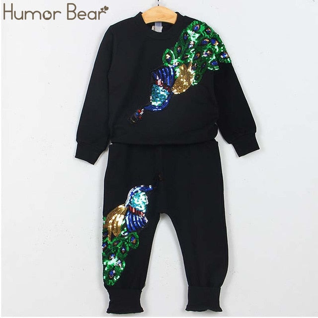 Humor Bear Autumn Kids Baby Girl Clothes Long Sleeve T-shirt+Grid Skirt +bowknot Casual suits Student Girls' Clothing Sets