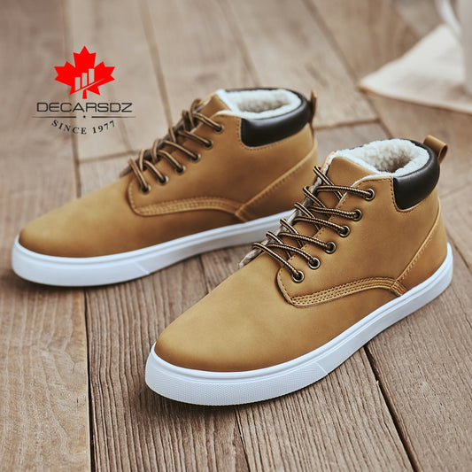 DECARSDZ Men Winter Boots 2020 Fashion Warm Short Plush Men's Boots Men Casual Shoes Men Comfy Lace-up Leather Brand Snow Boots