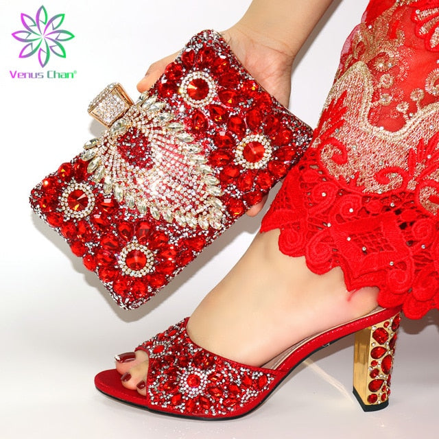 V10-green Summer New Arrivals Italian Lady Shoes and Bag Set Peep Toe Sandals with Shinning Crystal for Wedding