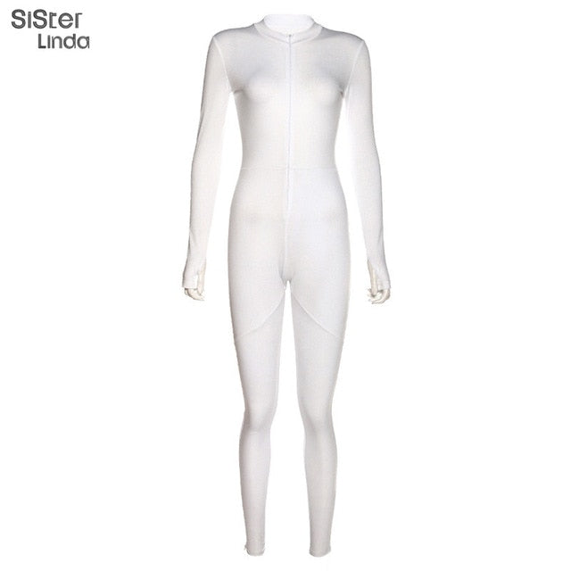 Sisterlinda White Rompers Womens Jumpsuits Elegant Long Sleeve Overalls Night Party Zipper Playsuits Slim Outifts Streetwear2020