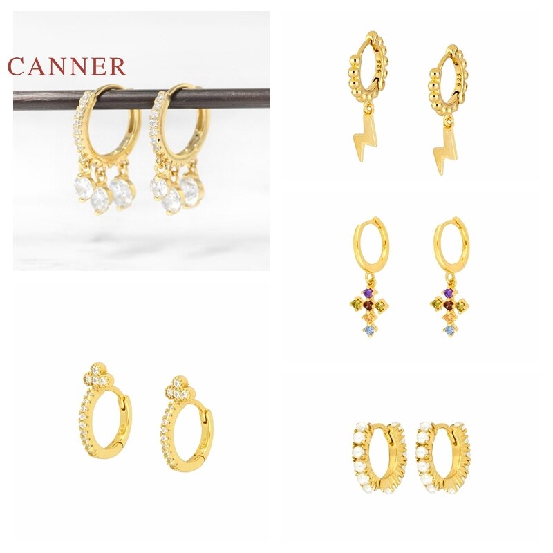 CANNER Real 925 Sterling Silver Earrings For Women Pearl French Cross Lightning Earrings Hoops Three Zircon Diamond Jewelry