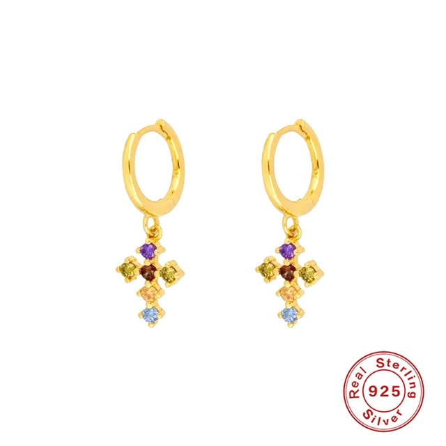 CANNER Real 925 Sterling Silver Earrings For Women Pearl French Cross Lightning Earrings Hoops Three Zircon Diamond Jewelry