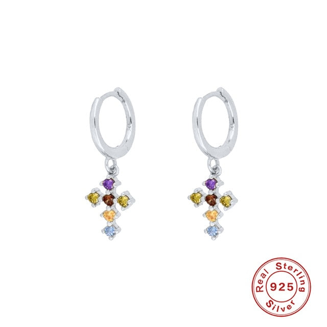 CANNER Real 925 Sterling Silver Earrings For Women Pearl French Cross Lightning Earrings Hoops Three Zircon Diamond Jewelry