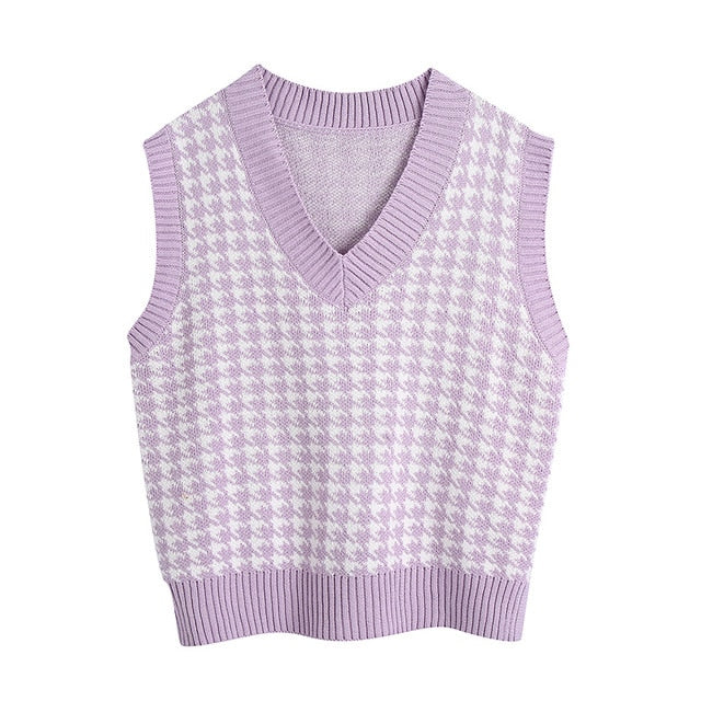 KPYTOMOA Women 2020 Fashion Oversized Houndstooth Knitted Vest Sweater Vintage Sleeveless Side Vents Female Waistcoat Chic Tops