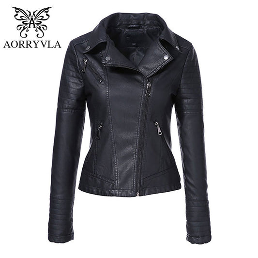 AORRYVLA New Spring Autumn Women's Moto Biker Zipper Jacket Turn Down Collar Black PU Faux Leather Jacket Slim Lady Basic  Coat