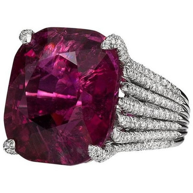 Gorgeous Large Oval Red Stone Ring Luxury Filled CZ Weddings Rings For Women Engagement Fashion Jewelry Gifts Anillos Mujer