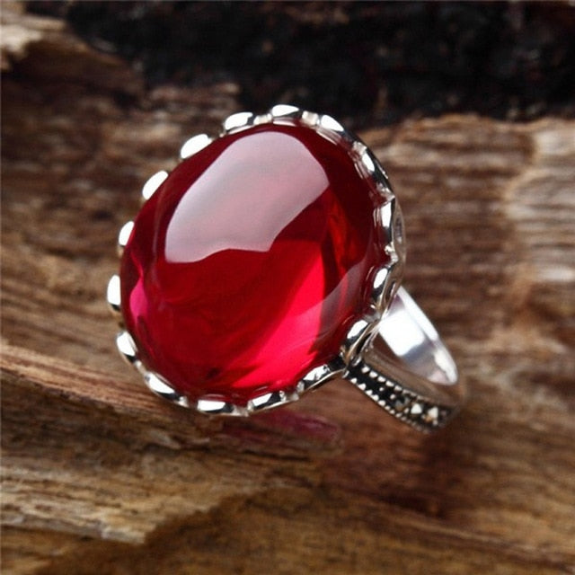 Gorgeous Large Oval Red Stone Ring Luxury Filled CZ Weddings Rings For Women Engagement Fashion Jewelry Gifts Anillos Mujer