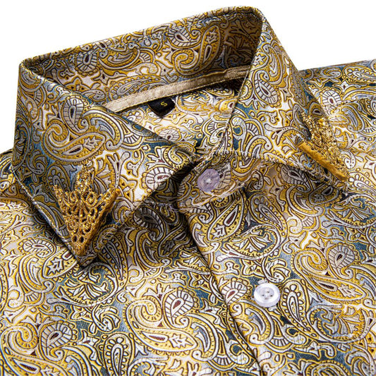 Brand New Fashion Paisley Men Shirt Business Casual Long Sleeve Silk Shirts Slim Fit Male Social Dress Shirts Collar Pin DiBanGu