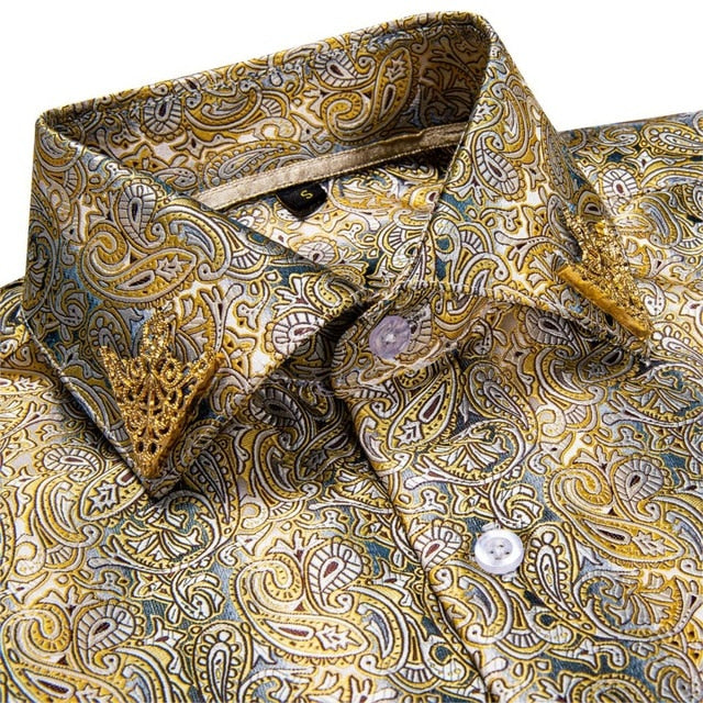 Brand New Fashion Paisley Men Shirt Business Casual Long Sleeve Silk Shirts Slim Fit Male Social Dress Shirts Collar Pin DiBanGu