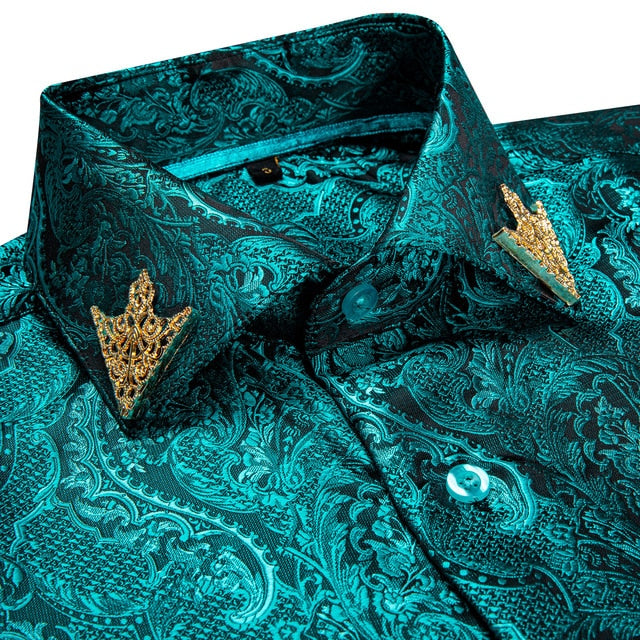 Brand New Fashion Paisley Men Shirt Business Casual Long Sleeve Silk Shirts Slim Fit Male Social Dress Shirts Collar Pin DiBanGu