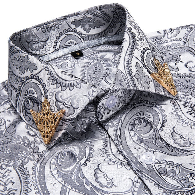Brand New Fashion Paisley Men Shirt Business Casual Long Sleeve Silk Shirts Slim Fit Male Social Dress Shirts Collar Pin DiBanGu