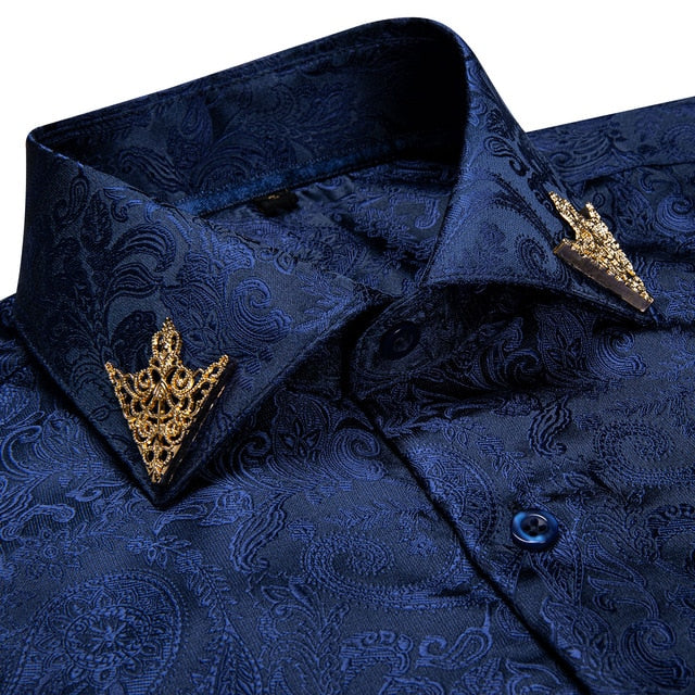 Brand New Fashion Paisley Men Shirt Business Casual Long Sleeve Silk Shirts Slim Fit Male Social Dress Shirts Collar Pin DiBanGu