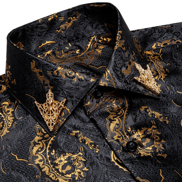 Brand New Fashion Paisley Men Shirt Business Casual Long Sleeve Silk Shirts Slim Fit Male Social Dress Shirts Collar Pin DiBanGu