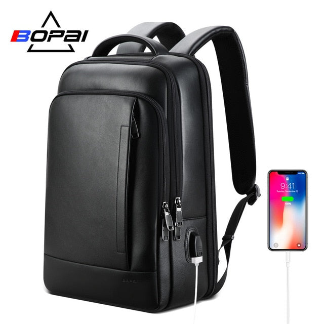 BOPAI Genuine Leather Backpack Laptop Mens Business Casual Waterproof Back Pack Male Computer Bagpack Black Backpacking