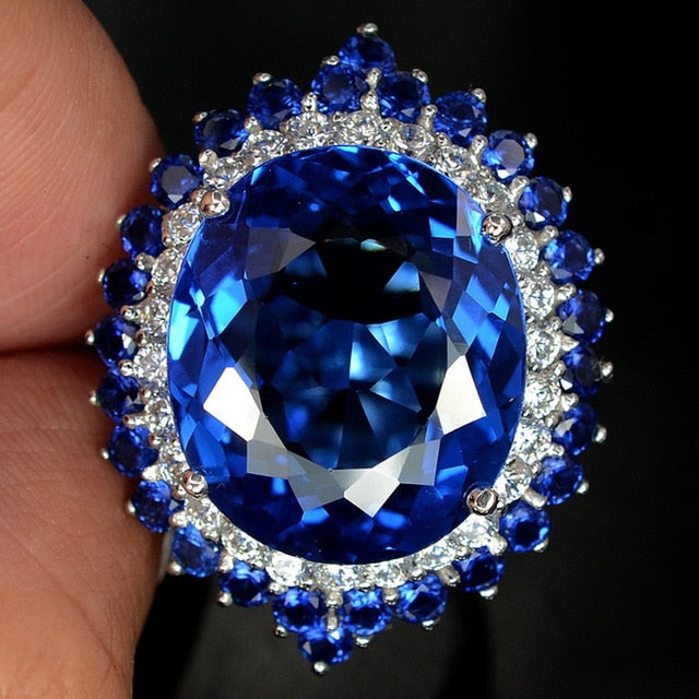 Fashion Big Blue Stone Ring Charm Jewelry Women CZ Wedding Rings Promise Engagement Ring Ladies Accessories Gifts Z4K146
