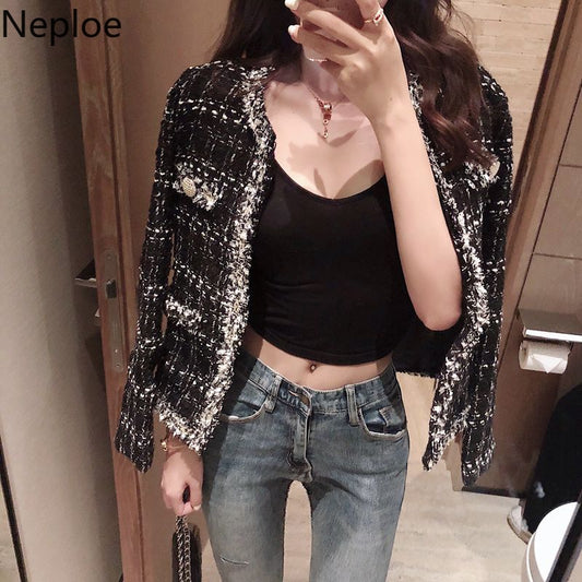 Neploe Small Fragrance Vintage Tweed Short Coat Female New Korean Loose Cardigan Casual Temperament Jacket Autumn Patch 46184