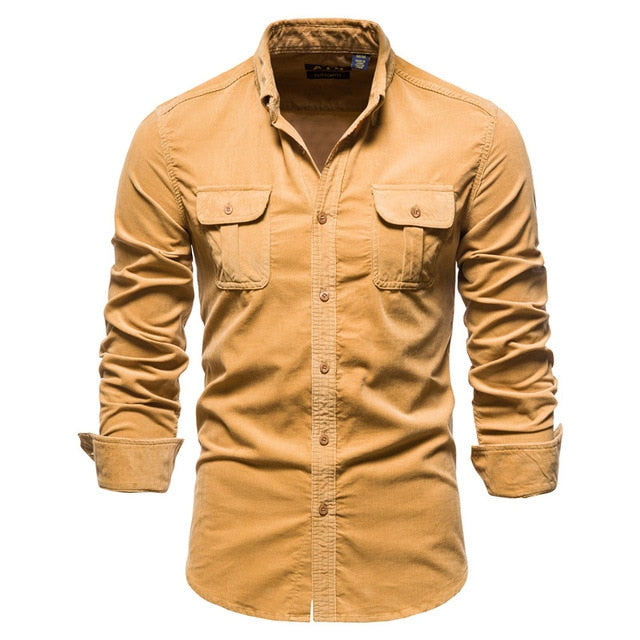2020 New Single Breasted 100% Cotton Men's Shirt Business Casual Fashion Solid Color Corduroy Men Shirts Autumn Slim Shirt Men