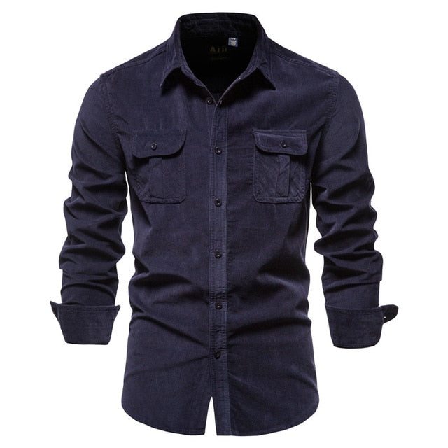 2020 New Single Breasted 100% Cotton Men's Shirt Business Casual Fashion Solid Color Corduroy Men Shirts Autumn Slim Shirt Men