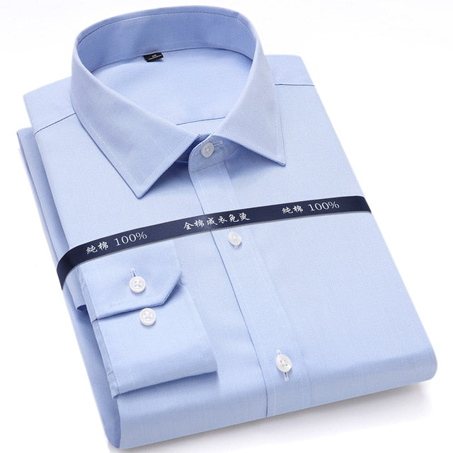 Top Quality Mens Formal Dress Shirts Long Sleeve White Pure Cotton Business Slim Fit Plus Size Office Non Iron Blouse