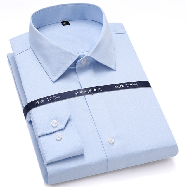 Top Quality Mens Formal Dress Shirts Long Sleeve White Pure Cotton Business Slim Fit Plus Size Office Non Iron Blouse
