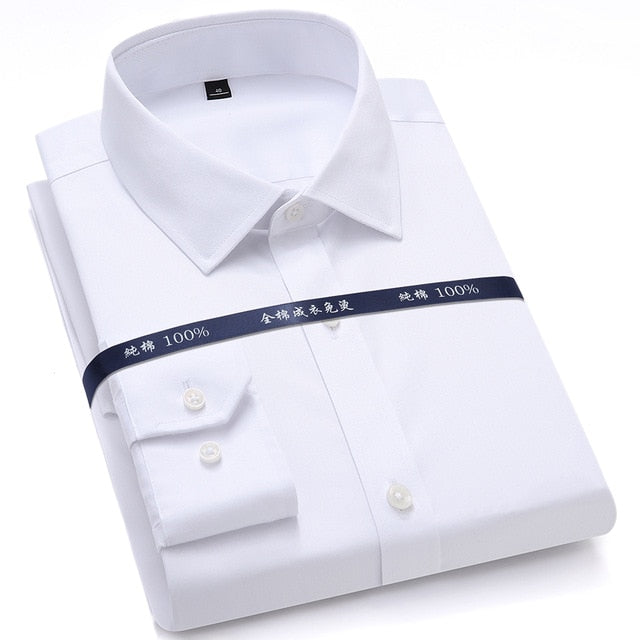 Top Quality Mens Formal Dress Shirts Long Sleeve White Pure Cotton Business Slim Fit Plus Size Office Non Iron Blouse