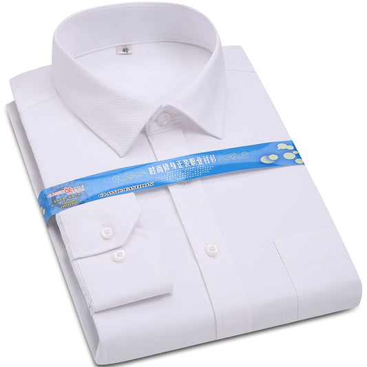 Men's Dress Shirt White Twill Long Sleeve Business Wedding Slim Fit Cotton Office High Quality Male Blouse