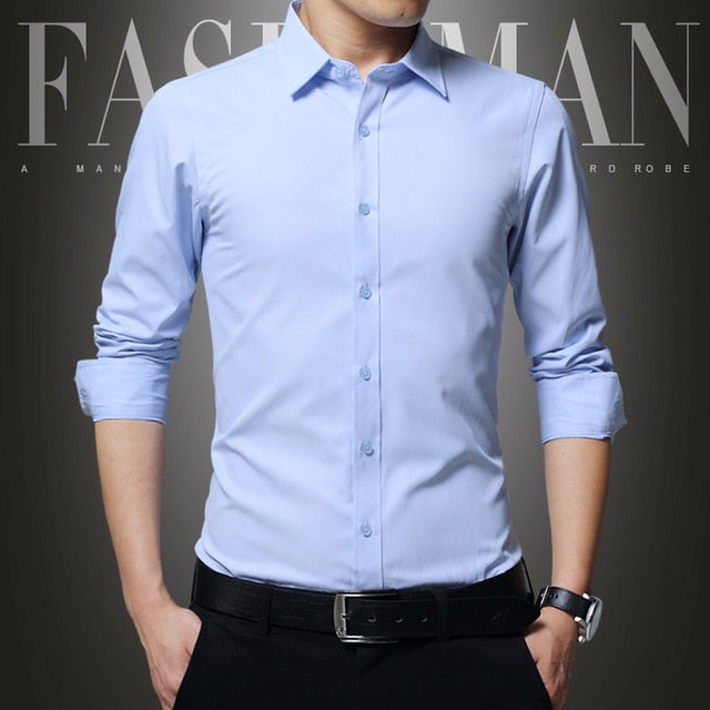 Men's Dress Shirt White Twill Long Sleeve Business Wedding Slim Fit Cotton Office High Quality Male Blouse