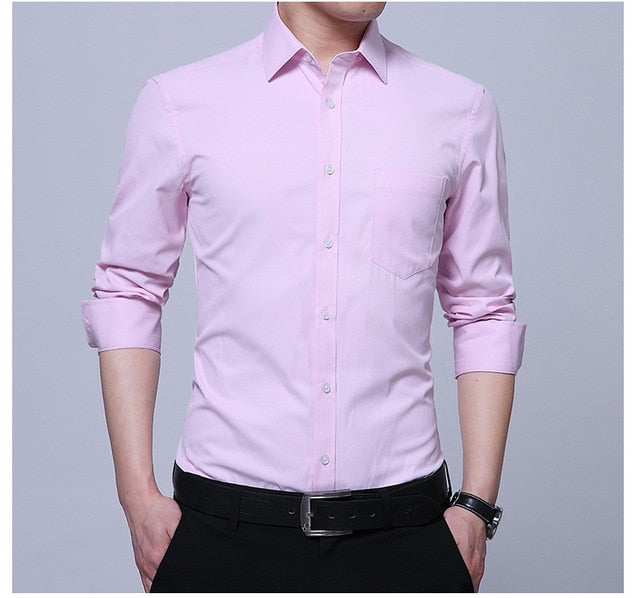 Men's Dress Shirt White Twill Long Sleeve Business Wedding Slim Fit Cotton Office High Quality Male Blouse