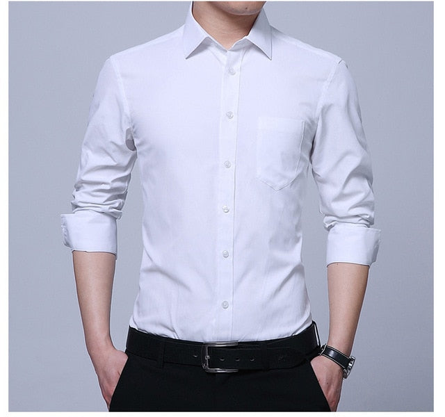 Men's Dress Shirt White Twill Long Sleeve Business Wedding Slim Fit Cotton Office High Quality Male Blouse