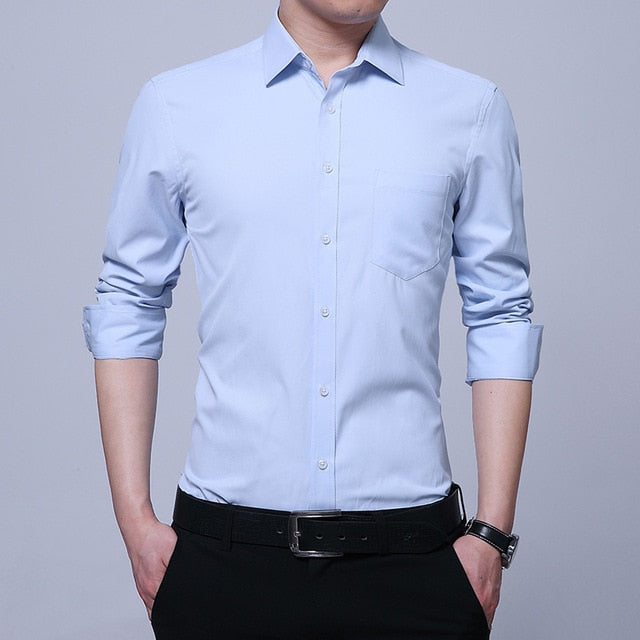 Men's Dress Shirt White Twill Long Sleeve Business Wedding Slim Fit Cotton Office High Quality Male Blouse