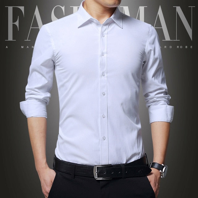 Men's Dress Shirt White Twill Long Sleeve Business Wedding Slim Fit Cotton Office High Quality Male Blouse