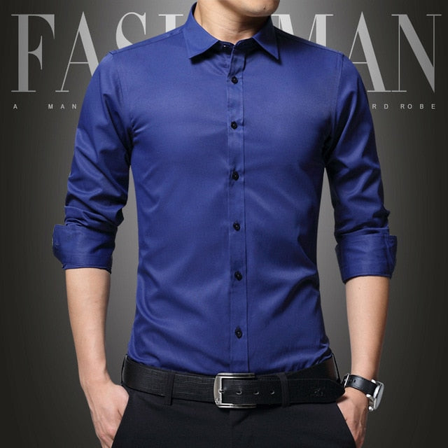 Men's Dress Shirt White Twill Long Sleeve Business Wedding Slim Fit Cotton Office High Quality Male Blouse