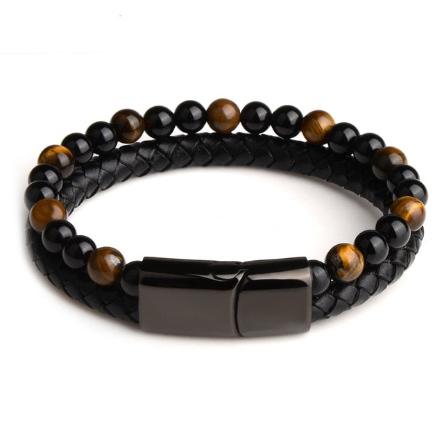 New Fashion Men Jewelry Natural Stone Genuine Leather Bracelet Black Stainless Steel Magnetic Clasp Tiger eye Bead Bracelet Men