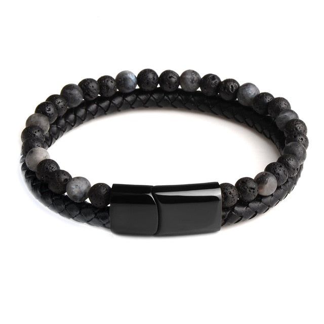 New Fashion Men Jewelry Natural Stone Genuine Leather Bracelet Black Stainless Steel Magnetic Clasp Tiger eye Bead Bracelet Men
