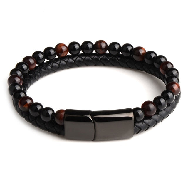 New Fashion Men Jewelry Natural Stone Genuine Leather Bracelet Black Stainless Steel Magnetic Clasp Tiger eye Bead Bracelet Men