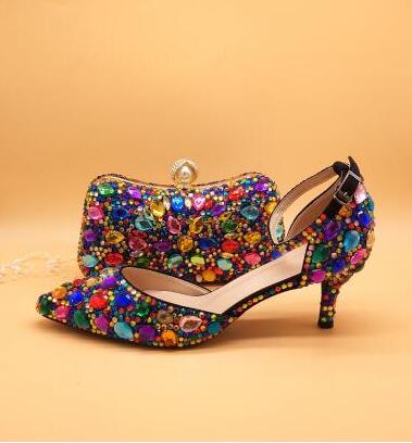 Women wedding shoes with matching bags Multicolored Crystal Thick High heels Ladies Party Dress shoes women Pumps super big size